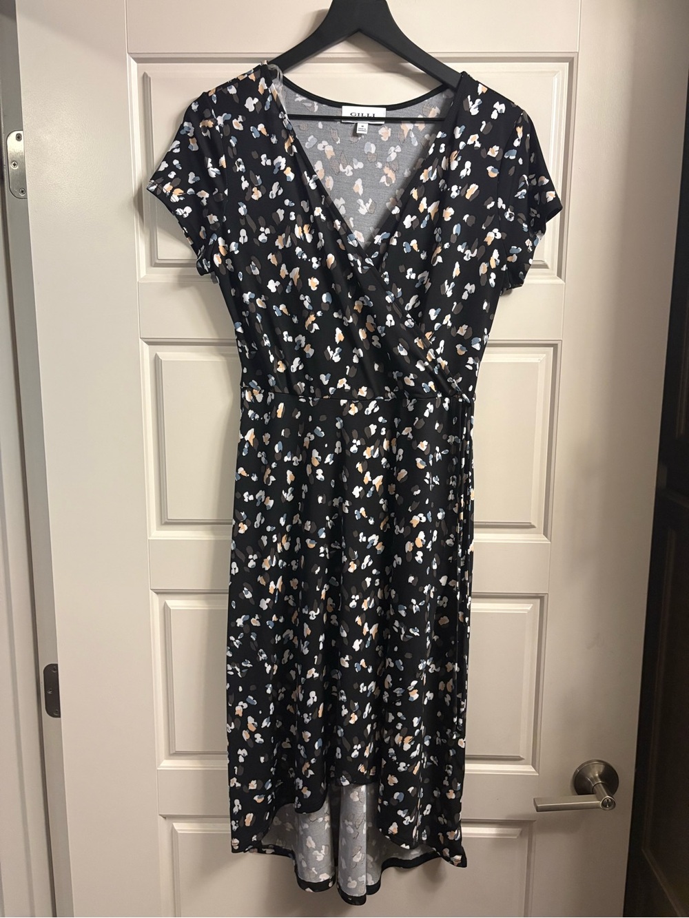 Gilli Black Wrap Dress with White and Tan Spot Print